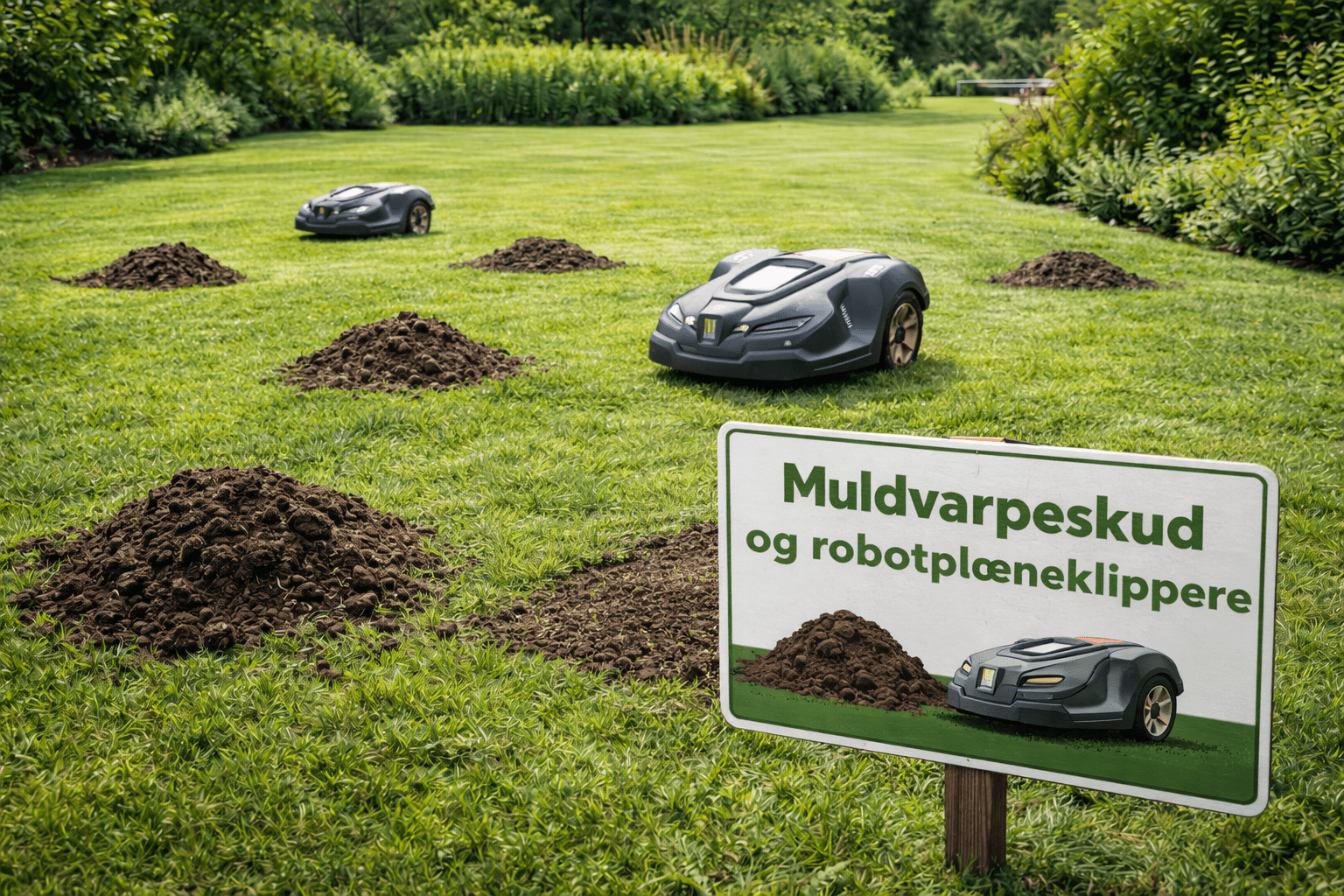 Robotplæneklipper på græs med muldvarpeskud, der skaber ujævnt underlag.