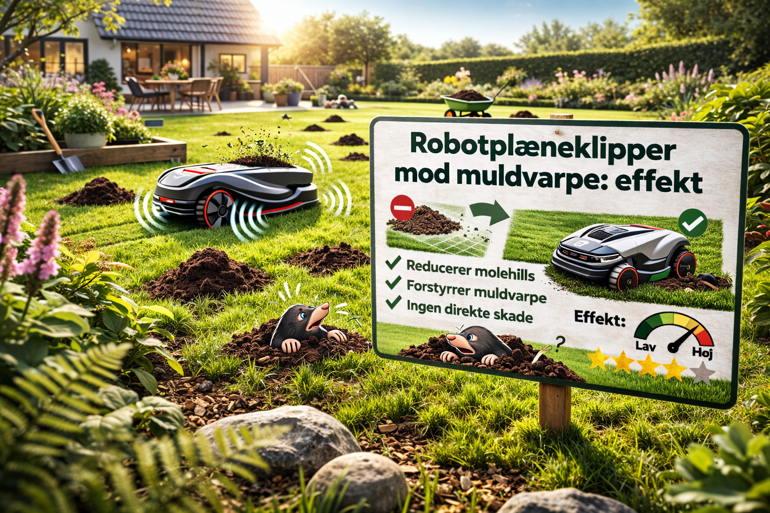 Robotplæneklipper og muldvarpeskud i plæne