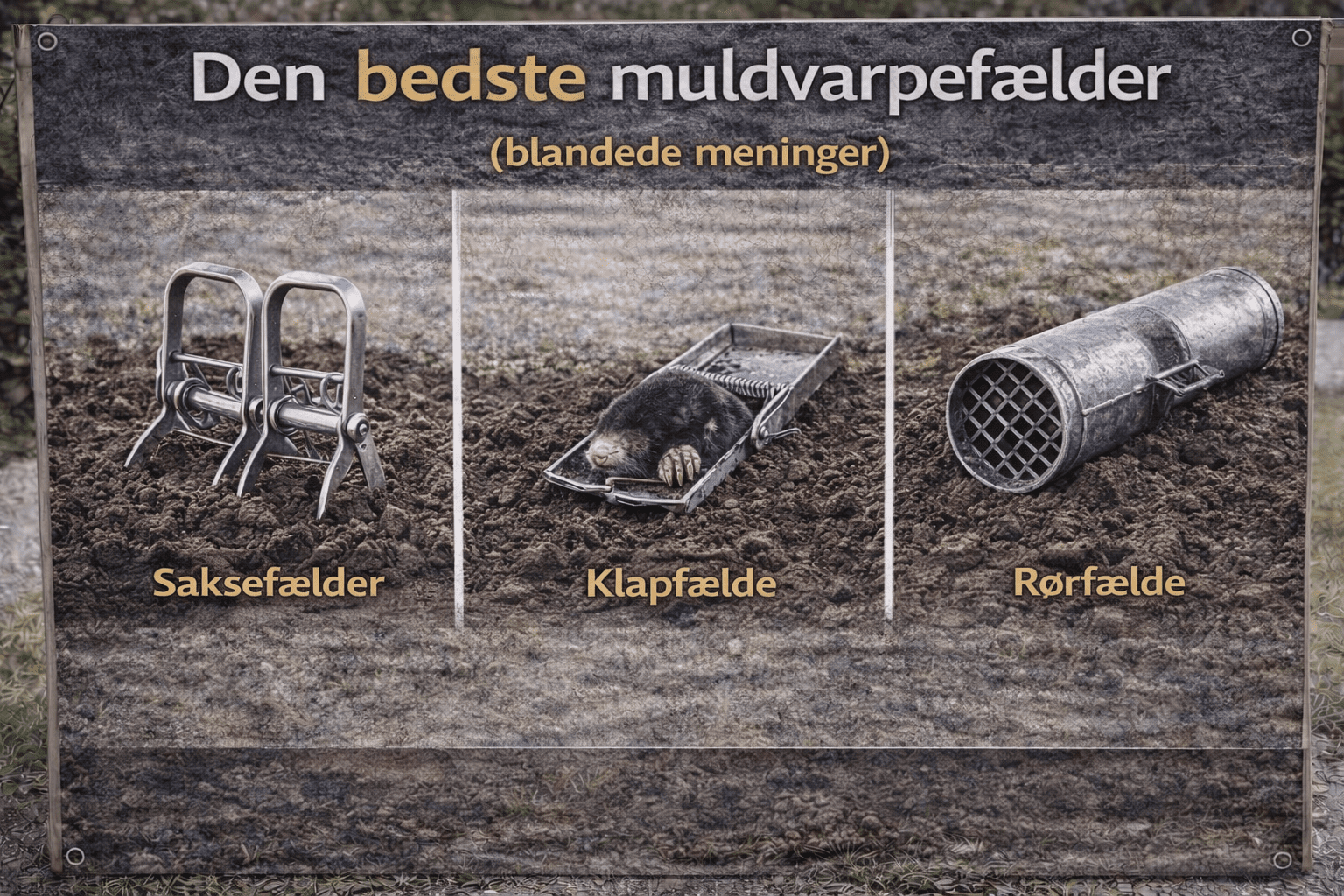Muldvarpefælde sat i jord – eksempel på opsætning i en gang