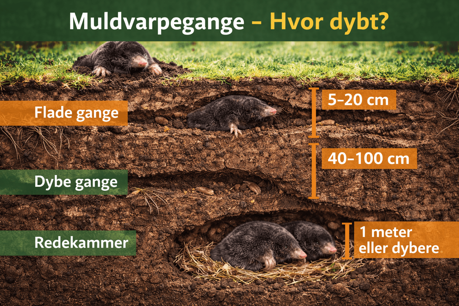 Skitse af muldvarpegange i forskellige dybder i haven – overfladenære og dybere ruter