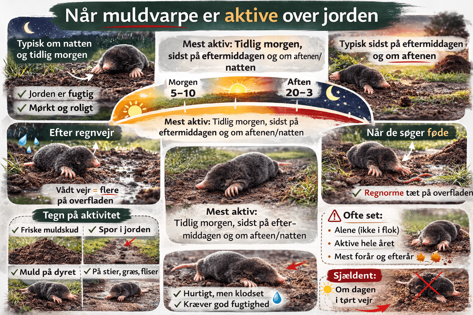 Aktive muldvarpegange og frisk jord i græsplænen – tegn på hvornår muldvarpe er aktive
