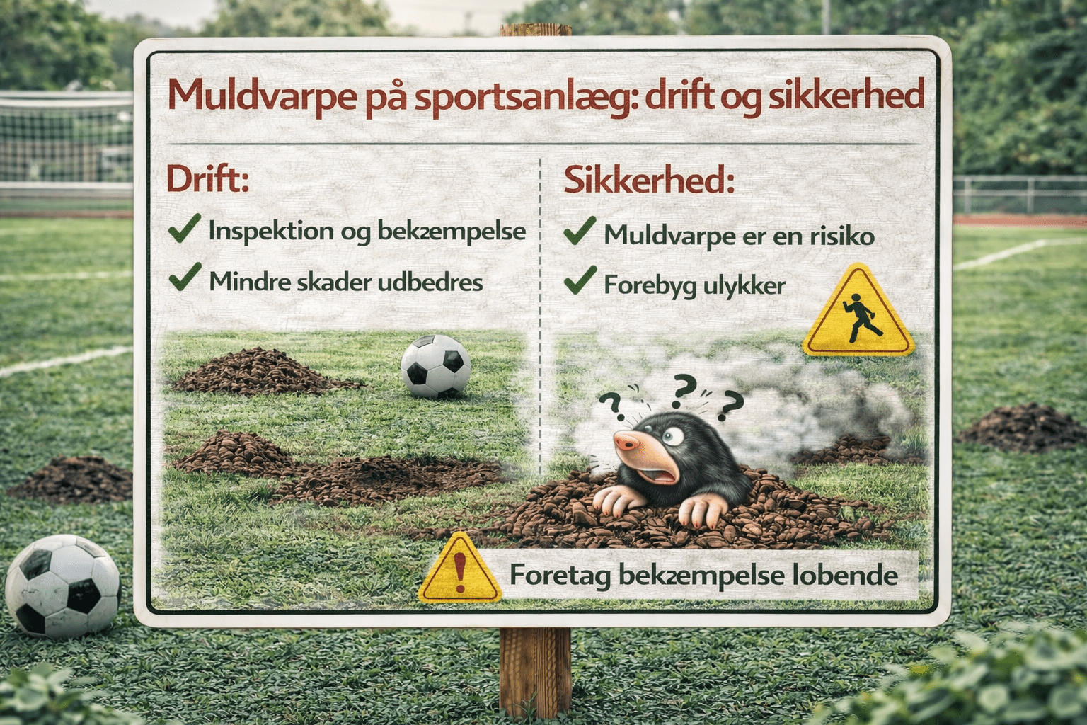 Muldvarpeskud på græsbane ved sportsanlæg