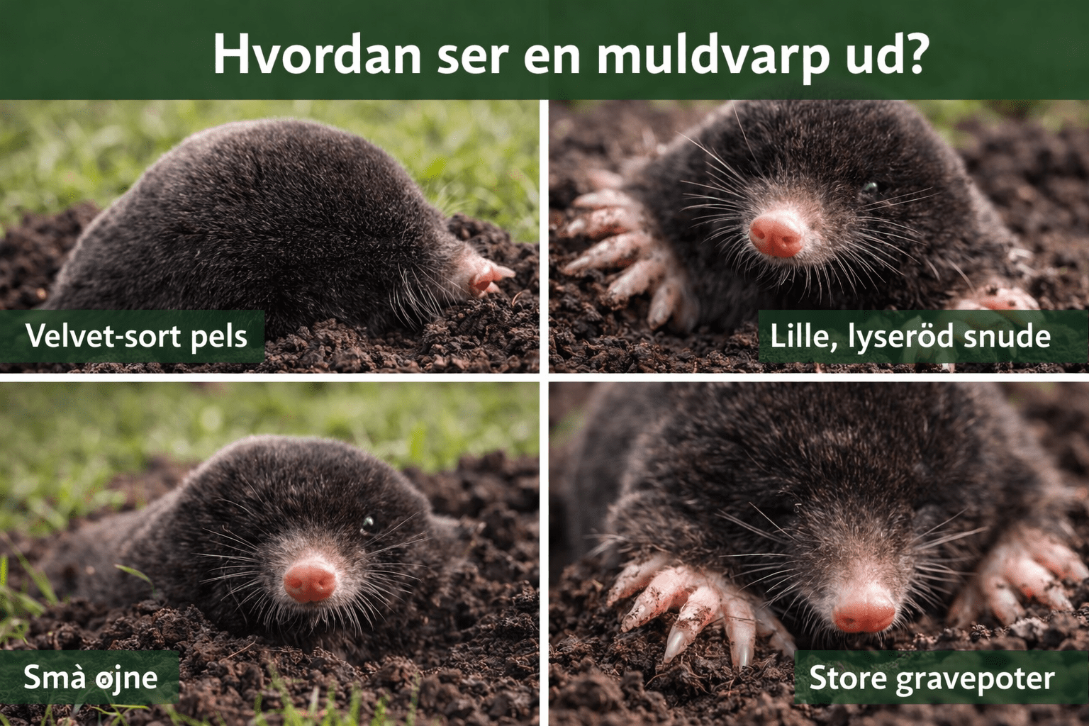 Muldvarp udseende: fløjlsblød pels, spids snude og brede gravepoter