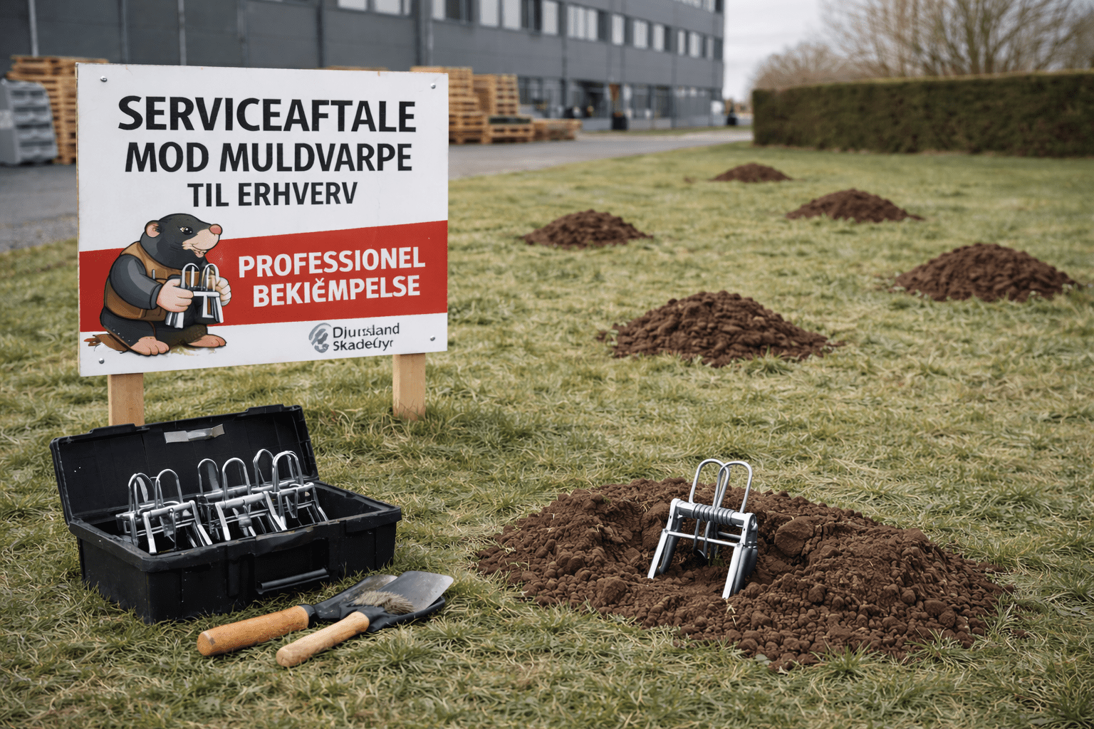 Professionel muldvarpebekæmpelse til erhvervsområder og større grønne arealer.